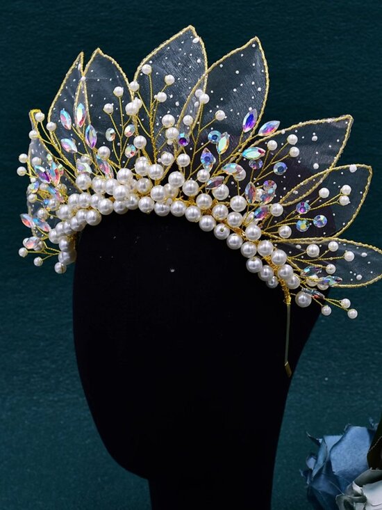Handmade Pearl Floral Bridal Hair Pin Set, Iridescent Crystal Leaf Wedding Headp main image 4